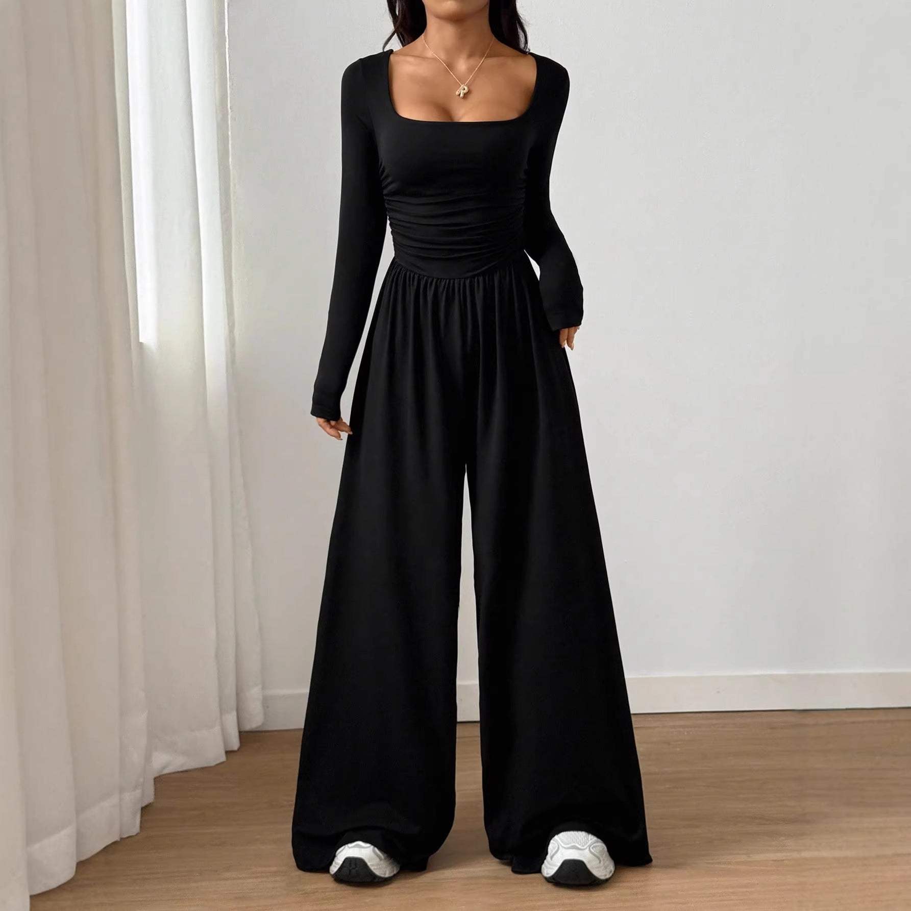 Square Neck Long Sleeve Wide Leg Jumpsuit