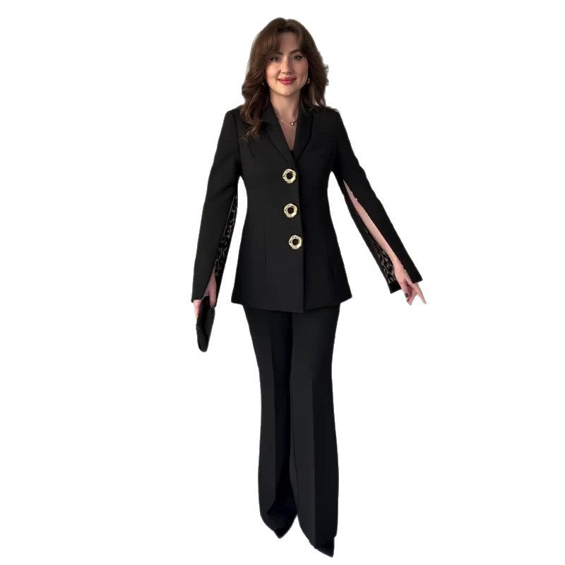 Long-sleeved slimming black two-piece suit