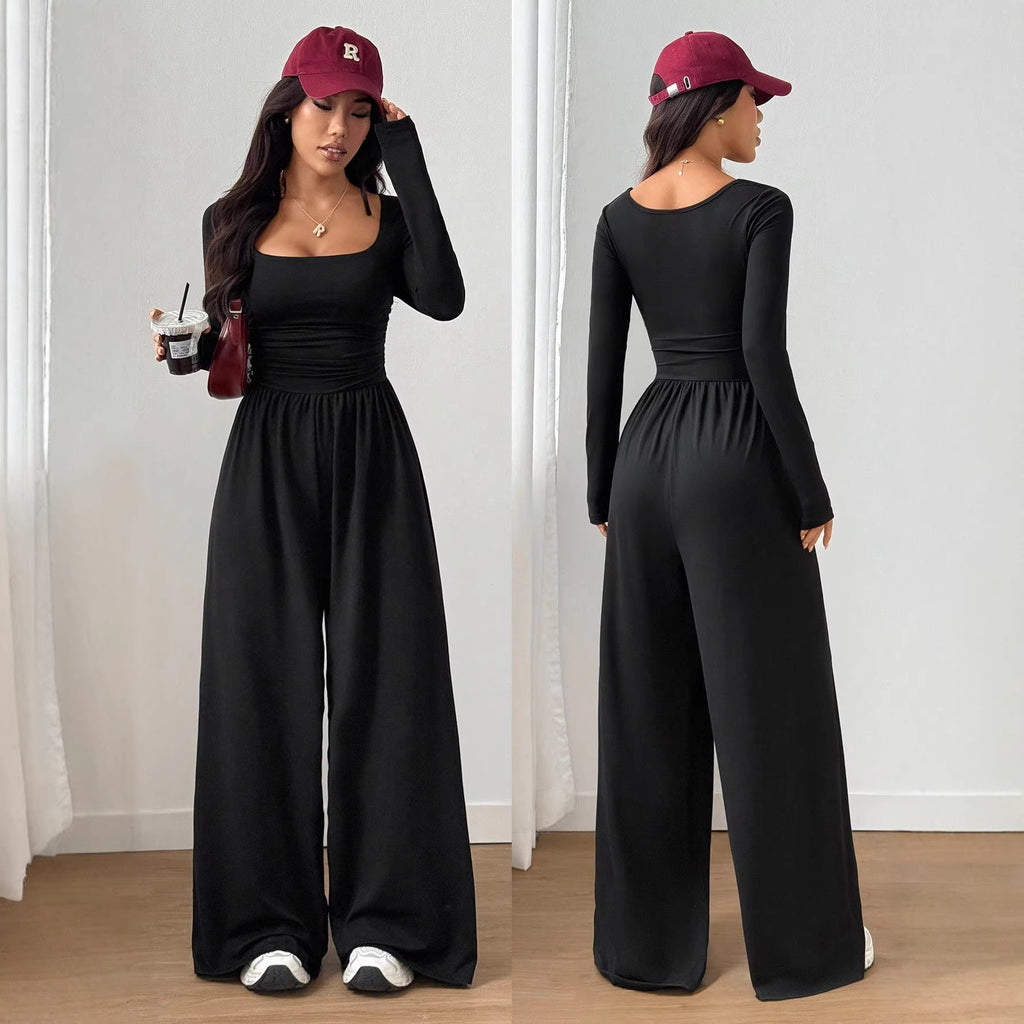 Square Neck Long Sleeve Wide Leg Jumpsuit