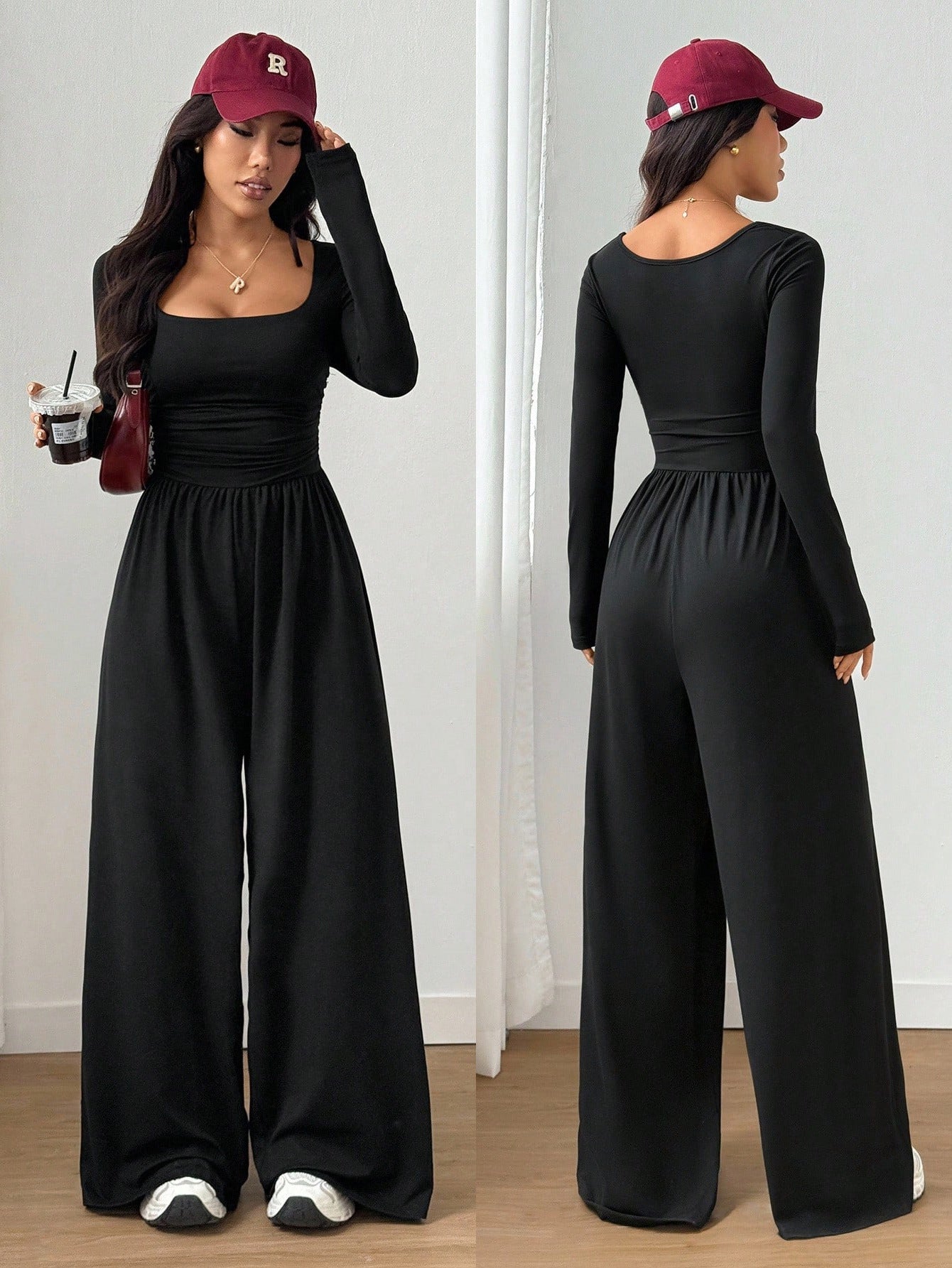 Square Neck Long Sleeve Wide Leg Jumpsuit