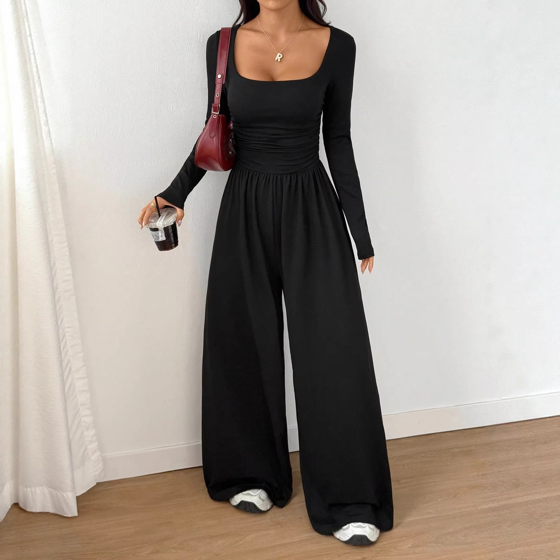 Square Neck Long Sleeve Wide Leg Jumpsuit