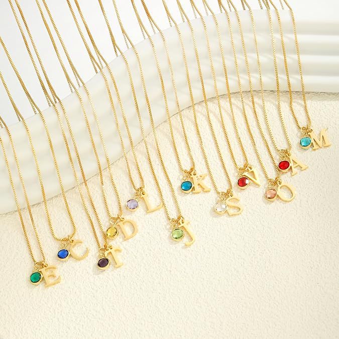 Women's 14K Gold Plated Initial Birthstone Necklace Clavicle Chain