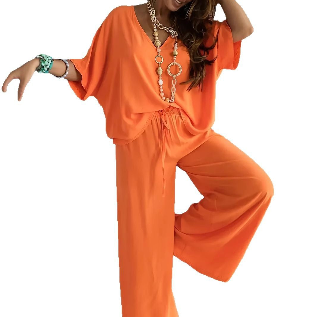 Womens V-Neck Bat Sleeve Wide Leg Pants Suit